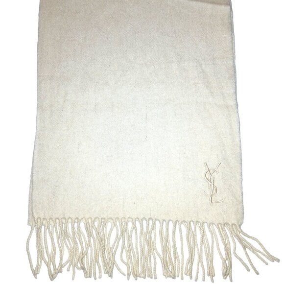 Yves Saint Laurent YSL Cream Ivory Embroidered Wool Fringed Scarf Pre-Owned - Picture 4 of 7